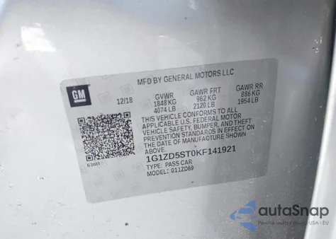 2019 Chevrolet Malibu Lt z USA, uszkodzony, nr VIN 1G1ZD5ST0KF141921